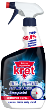 Kret Biel i Higiena Active Fresh spray dezynfekujący, biało-czarna butelka z czerwonym spustem, widok z przodu.