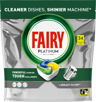 Fairy Platinum All In One Lemon, 34 kapsułki w srebrnej torbie z zielonym paskiem, widoczna potrójna kapsułka.