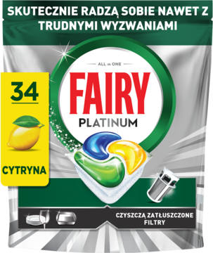 Fairy Platinum All In One cytrynowe kapsułki do zmywarki, 34 szt., w zielono-srebrnym opakowaniu, widok z przodu.