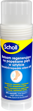 Scholl balsam regenerujący do popękanych pięt z mocznikiem, biały sztyft, niebiesko-żółta etykieta, widok z przodu.