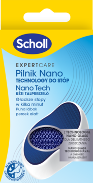 Front opakowania pilnika do stóp Scholl ExpertCare Nano Glass, niebiesko-żółte, z widocznym pilnikiem.