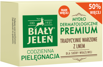 BIAŁY JELEŃ Codzienna Pielęgnacja ,mydło w kostce, dermatologiczne, tradycyjnie warzone z Lnem, do skóry wrażliwej,przód