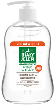 Butelka hipoalergicznego mydła w płynie Biały Jeleń, przezroczysta, z białą pompką i napisem 200 ml więcej, widok z przodu.