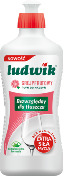 Biała butelka Ludwik Grejpfrutowy Płyn do Naczyń z różową etykietą i czerwoną nakrętką, widok z przodu.
