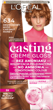 L'Oréal Casting Crème Gloss 634 Orzechowy Miód, pudełko farby bez amoniaku, pielęgnacyjna, widok z przodu.
