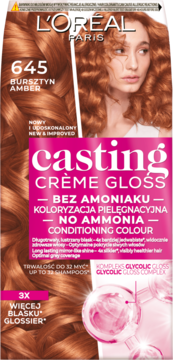 L'Oréal Casting Crème Gloss 645 Bursztyn Amber, farba do włosów bez amoniaku, widok z przodu opakowania.
