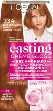 L’Oréal Casting Crème Gloss 734 Bursztynowy Miód. Pudełko farby bez amoniaku z kobietą o miodowych włosach.