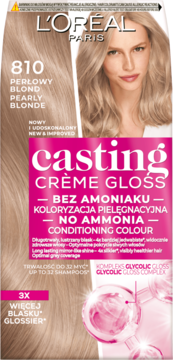 L’Oréal Paris Casting Crème Gloss 810 Perłowy Blond farba bez amoniaku, opakowanie z kobietą o blond włosach.
