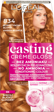 L'Oréal Casting Crème Gloss 834 Bursztynowy Blond, półtrwała farba do włosów bez amoniaku. Front pudełka.