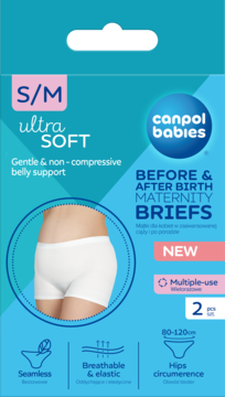 Opakowanie Canpol babies z majtkami ciążowymi S/M Ultra Soft, niebiesko-białe, przód, widoczne 2 sztuki.