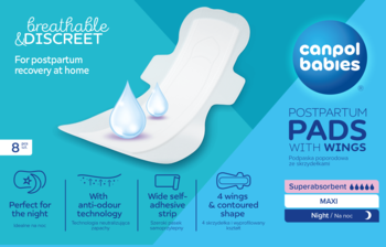 Opakowanie Canpol babies Postpartum Pads z rysunkiem białej superchłonnej podpaski ze skrzydełkami, na noc.