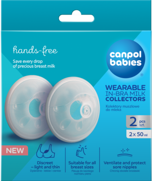 Canpol babies muszlowe kolektory mleka w turkusowym pudełku. Widoczne dwa białe dyski, 2x50ml, hands-free.