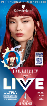 Schwarzkopf Live Dark Red 026 semi-permanent hair color; model with intense red hair & FFXIV logo. Up to 15 washes.