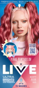 Schwarzkopf LIVE Ultra Brights Dusty Rose 025, półtrwała różowa farba do 15 myć. Opakowanie z modelką i FFXIV.