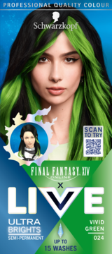 Schwarzkopf LIVE Ultra Brights 024 Vivid Green półtrwała farba (do 15 myć), widok z przodu, modelka z zielonymi pasemkami.