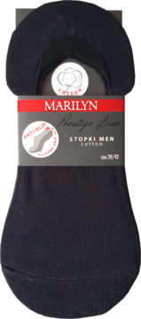 Czarne bawełniane stopki męskie Marilyn, rozmiar 39-42, z antypoślizgowym silikonowym zapiętkiem, na opakowaniu.