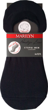 Czarne bawełniane stopki męskie Marilyn, rozmiar 42-45. Opakowanie z informacją o antypoślizgowej pięcie.