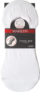 Białe stopki męskie Marilyn, bawełniane, w opakowaniu z napisem Anti-Slip Silicone Grip, rozmiar 39-42.