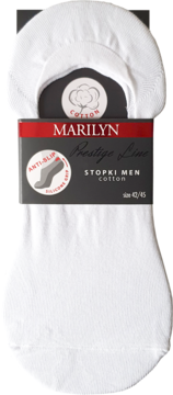 Białe, bawełniane stopki męskie Marilyn 42-45, antypoślizgowe z silikonowym zapiętkiem, na opakowaniu.