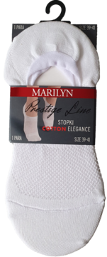 Białe bawełniane stopki Marilyn Prestige Line rozmiar 39-41, widok z przodu w czarno-czerwonym opakowaniu.