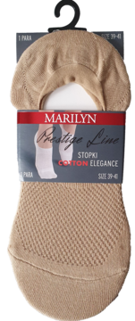 Beżowe, bawełniane stopki Marilyn 39-41 na wieszaku, z wyraźną teksturą i opakowaniem Prestige Line.