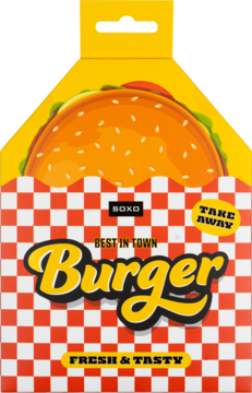 Skarpetki męskie z motywem burgera w żółto-czerwonym pudełku fast food SOXO, widok z przodu, napis Burger.