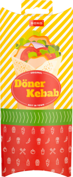 Soxo męskie skarpety, opakowanie jak fast food box z grafiką Döner Kebab, żółte pasy i czerwony dół.