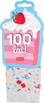 Urodzinowe skarpetki damskie w opakowaniu tortu "100 lat!", szare z kolorowym konfetti i wisienkami.