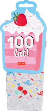 Urodzinowe skarpetki damskie w opakowaniu tortu "100 lat!", szare z kolorowym konfetti i wisienkami.