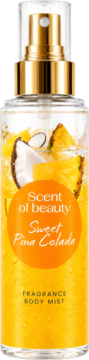 Scent of Beauty Pina Colada Sweet mgiełka do ciała w przezroczystej butelce, z widocznym ananasem i kokosem.