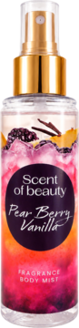Scent of beauty Pear Berry Vanilla body mist, clear bottle with gold sprayer, colorful liquid, visible berries, vanilla.