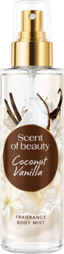 Scent of beauty Coconut Vanilla Fragrance Body Mist. Clear spray bottle, brown label, vanilla, coconut, gold top.