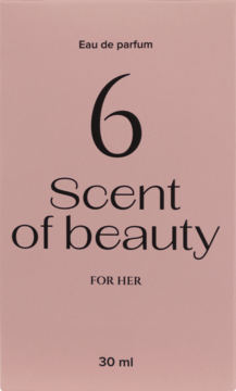 Różowe pudełko damskiej wody perfumowanej Scent of beauty N°6, 30ml, z czarnymi napisami, widok z przodu.