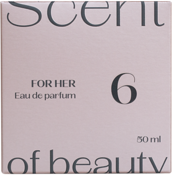 Beżowe pudełko perfum Scent nr 6 dla kobiet, Eau de parfum 50 ml, z ciemnym napisem i minimalistycznym designem.
