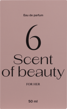 Pudroworóżowe pudełko perfum Scent of beauty 6 Eau de parfum For Her 50 ml, widok z przodu, z czarnym tekstem.