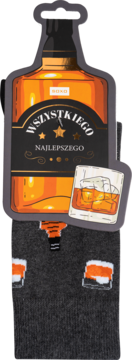 Skarpetki urodzinowe męskie z motywem whisky, w kształcie butelki z napisem "Wszystkiego Najlepszego".