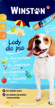 Lody dla psa Winston, niebieskie opakowanie z radosnym beaglem i 4 smakami, bez cukru, widok z przodu.