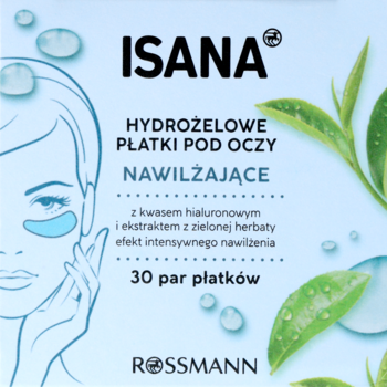 Błękitne opakowanie ISANA Hydrożelowe Płatki pod oczy nawilżające, z kwasem hialuronowym, zieloną herbatą, 30 par.