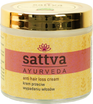Krem Sattva Ayurveda Anti Hair Loss, przezroczysty słoik z żółto-różową etykietą i złotą nakrętką, widok z przodu.