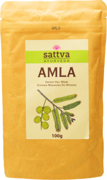 Sattva Ayurveda Amla ziołowa maseczka do włosów w beżowej saszetce z zieloną etykietą, widok z przodu.
