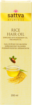 Sattva Ayurveda Olej Ryżowy do włosów z olejkiem arganowym i rozmarynowym, 200ml, żółte opakowanie, widok z przodu.