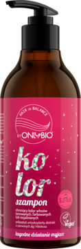 OnlyBio Hair in Balance Kolor Szampon do włosów farbowanych, brązowa butelka, różowa etykieta, widok z przodu.