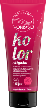 Fuksjowa tubka Onlybio Hair Balance Kolor odżywka, z przodu, z holograficznym napisem, pH 3.5-4.5.