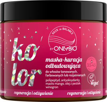 Onlybio Hair Balance Kolor, maska-kuracja odbudowująca do włosów farbowanych, różowy słoik z przodu, pH 3.5-4.5.