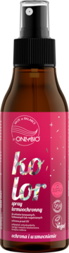 Onlybio Kolor spray termoochronny do włosów farbowanych. Brązowa butelka, różowa etykieta, widok z przodu.