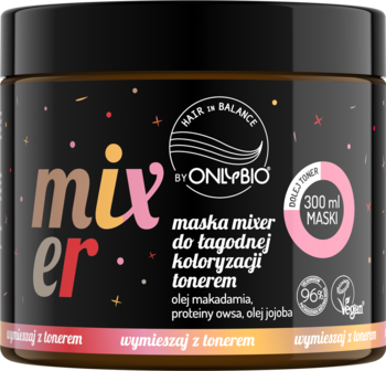 Maska mixer OnlyBio do łagodnej koloryzacji tonerem, czarny słoik z makadamią i jojoba, widok z przodu.