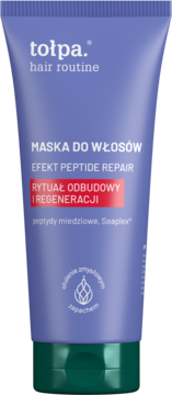 Maska do włosów Tołpa Hair Routine Peptide Repair, fioletowa tubka z zieloną zakrętką, widok z przodu, regeneruje z peptydami miedziowymi.