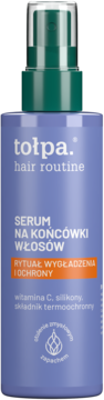 Tołpa Serum na końcówki włosów z witaminą C i ochroną termiczną, fioletowa butelka z zieloną nakrętką.