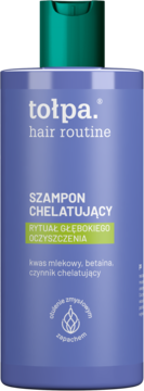 Fioletowa butelka Tołpa Hair Routine Szamponu Chelatującego do głębokiego oczyszczania, widok z przodu.