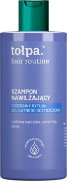 Fioletowy szampon Tołpa Hair Routine nawilżający, z roślinną keratyną, ceramidami i aloesem, widok z przodu.